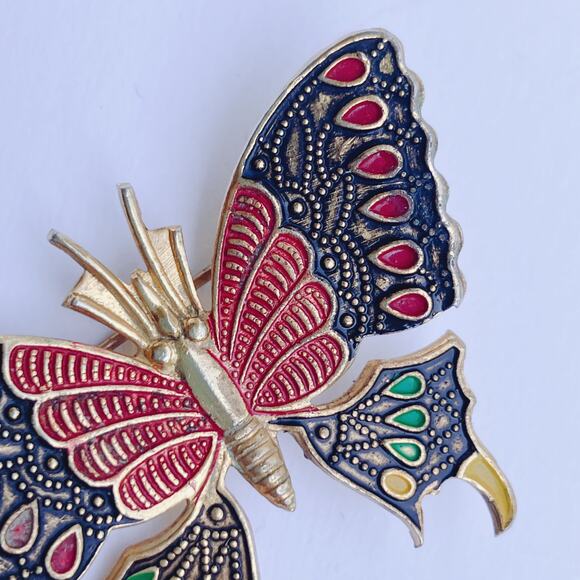 VTG 1950s Butterfly Brooch Gold Tone Black Colorful Enamel Cloisonné Style Pin - Picture 2 of 8